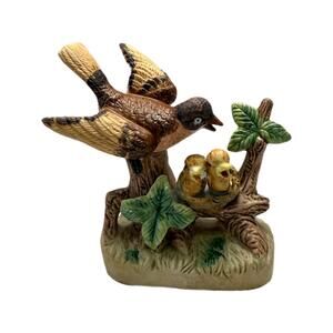 Vintage Flambro Ceramic Bird Figurine, Mother Bird with 2 Baby Birds